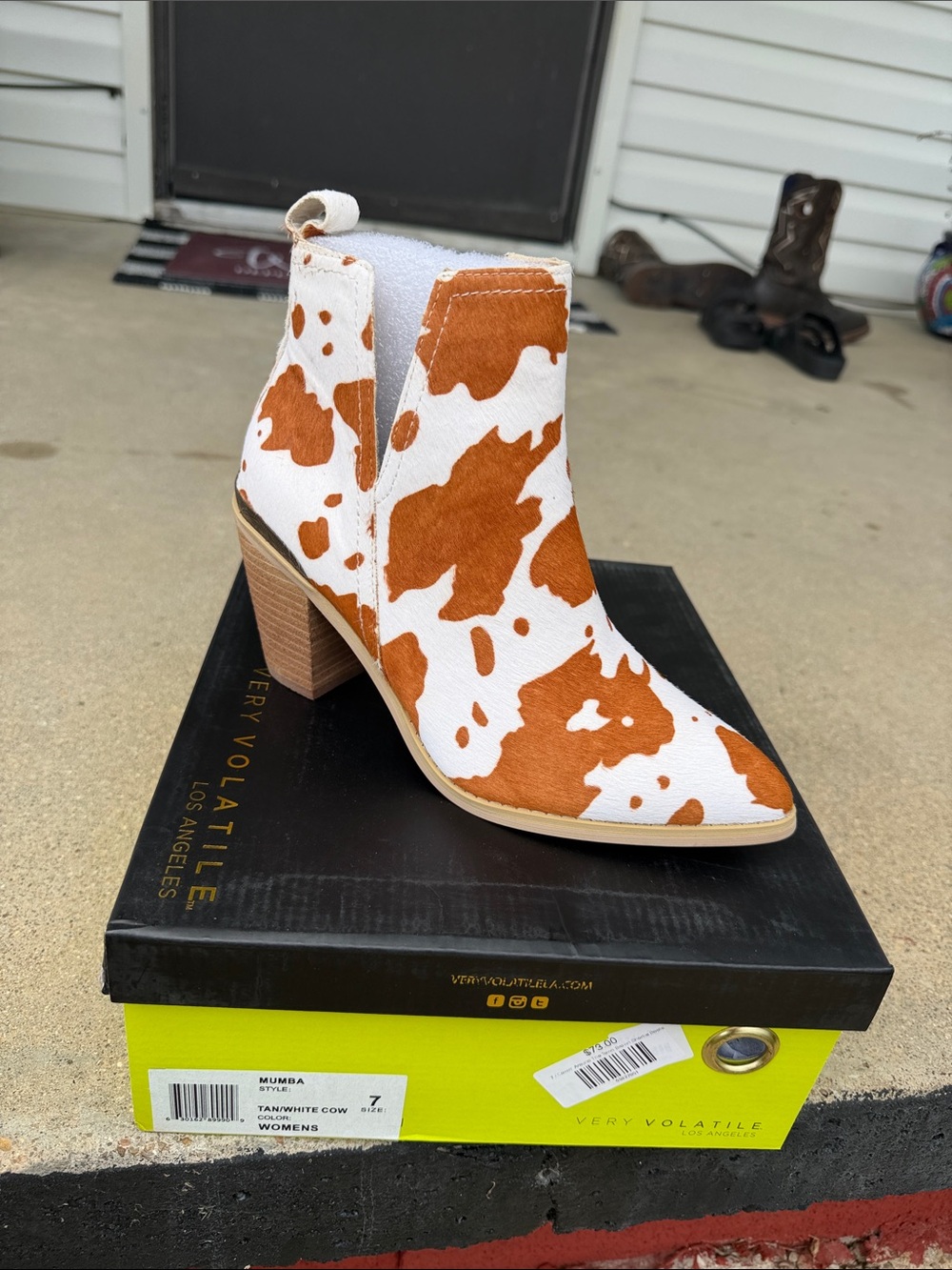 Very Volatile Tan & White Cowprint Block Heel Ankle Bootie